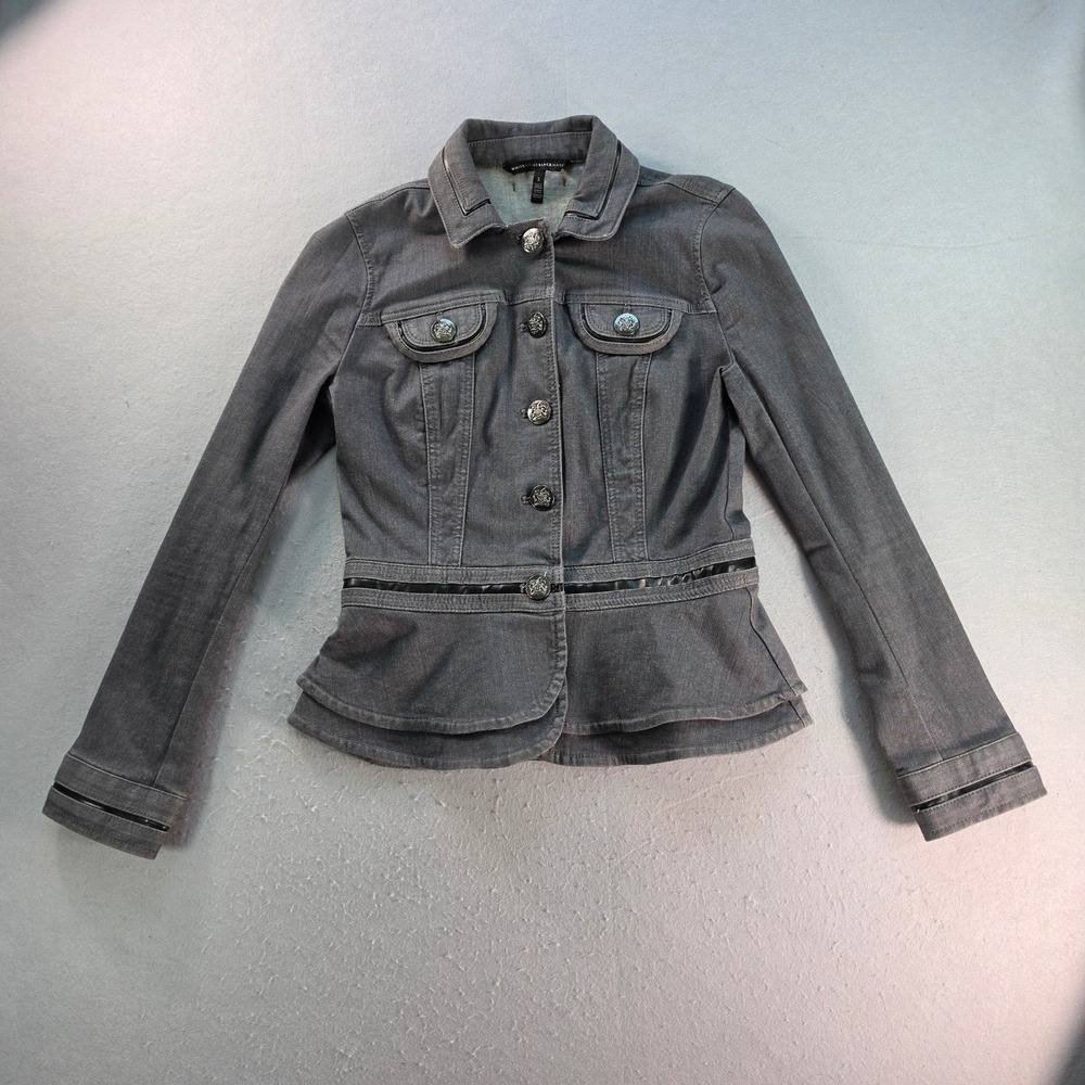 WHBM Gray Denim Peplum Military Jacket Faux Leather Trim Edgy Moto 2